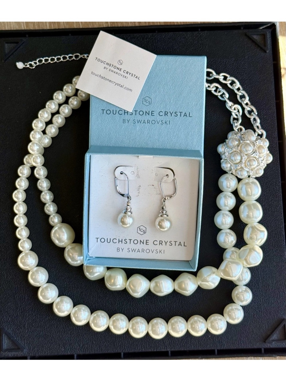 Touchstone Crystal by Swarovski White Pearl Necklace and Drop Earrings Set